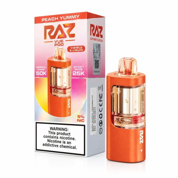 Peach Yummy RAZ Vue 50K disposable pod — ripe peach gummy candy, 50,000 puffs, no ice