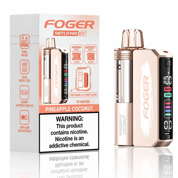Pineapple Coconut Foger Switch Pro 30K disposable vape kit with smart-screen power bank and retail box — tropical pina colada, pineapple and coconut, iced — JellyPuffs