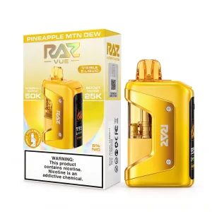 Pineapple MTN Dew RAZ Vue 50K disposable vape kit, 900mAh power bank and 13mL pod, 5% nicotine, up to 50,000 puffs, no ice