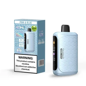Pink & Blue HorizonTech 100K disposable vape, no ice, 100,000 puffs, 5% (50mg) salt nicotine — sweet pink strawberry-lemonade candy paired with sweet-tart blue raspberry, 40mL prefilled tank, 1,500mAh USB-C rechargeable battery, 0.8Ω quad mesh coil and HD side display.