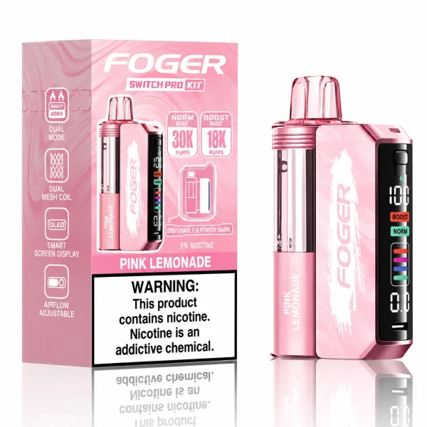 Pink Lemonade Foger Switch Pro 30K disposable vape kit with smart-screen power bank and retail box — tart lemon and sweet berry lemonade, no ice — JellyPuffs