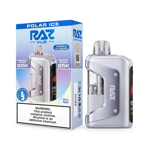 Polar Ice RAZ Vue 50K disposable vape kit, 900mAh power bank and 13mL pod, 5% nicotine, up to 50,000 puffs, iced