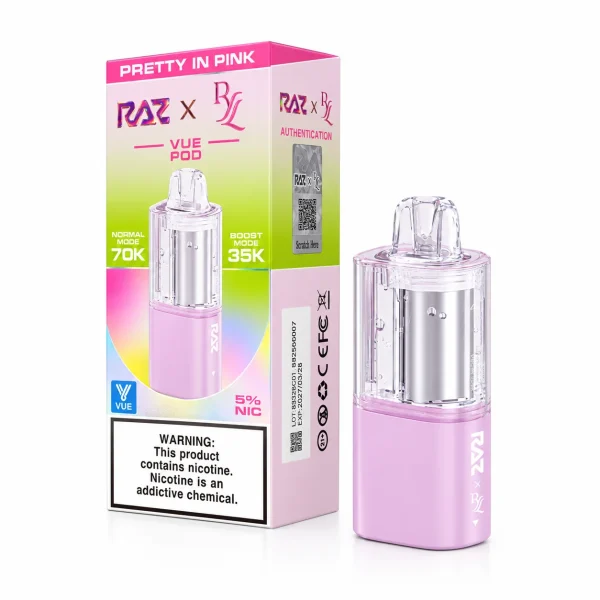 Pretty in Pink RAZ x RYL Vue 70K disposable pod, 17mL, 5% nicotine, up to 70,000 puffs
