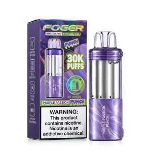 Purple Passion Punch Foger Switch Pro 30K disposable pod and retail box — grape, passion fruit and berry punch, no ice — JellyPuffs
