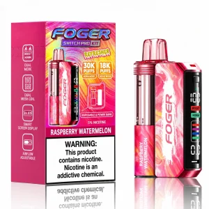 Raspberry Watermelon Foger Switch Pro 30K disposable vape kit with smart-screen power bank and retail box — juicy watermelon, tangy raspberry, no ice — JellyPuffs