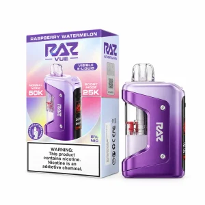 Raspberry Watermelon RAZ Vue 50K disposable vape kit, 900mAh power bank and 13mL pod, 5% nicotine, up to 50,000 puffs, no ice