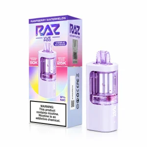 Raspberry Watermelon RAZ Vue 50K disposable pod — tart raspberry and juicy watermelon, 50,000 puffs, no ice
