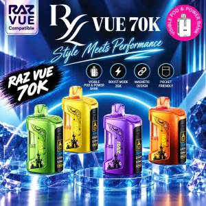 RAZ Vue 70K disposable vape kit and pod, detachable power bank with 17mL prefilled pods, 5% nicotine, up to 70,000 puffs