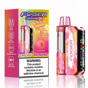 Red Mix Refresher Foger Switch Pro 30K disposable vape kit with smart-screen power bank and retail box — strawberry, cherry, raspberry, watermelon, no ice — JellyPuffs