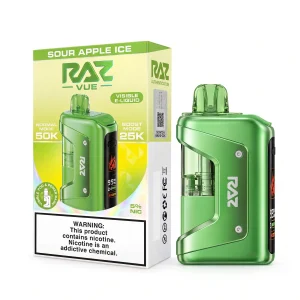 Sour Apple Ice RAZ Vue 50K disposable vape kit, 900mAh power bank and 13mL pod, 5% nicotine, up to 50,000 puffs, iced