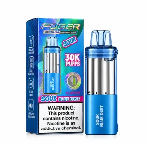 Sour Blue Dust Foger Switch Pro 30K disposable pod and retail box — powdery sour candy over sweet blue raspberry, no ice — JellyPuffs