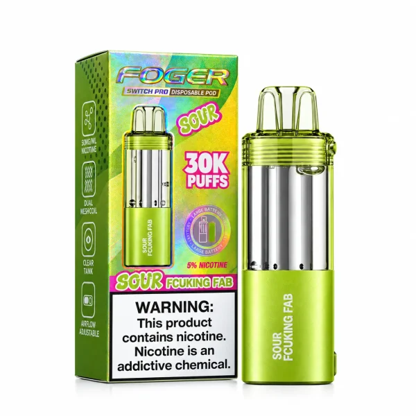Sour Fcuking Fab Foger Switch Pro 30K disposable pod and retail box — sweet fruits with a wicked sour twist, no ice — JellyPuffs