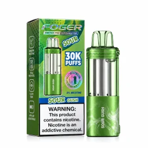 Sour Gush Foger Switch Pro 30K disposable pod and retail box — sour tropical multi-fruit gummy candy burst, no ice — JellyPuffs