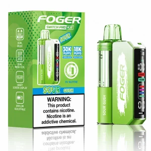 Sour Gush Foger Switch Pro 30K disposable vape kit with smart-screen power bank and retail box — sour tropical multi-fruit gummy candy burst, no ice — JellyPuffs