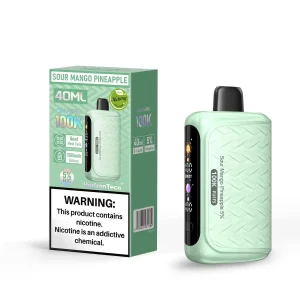 Sour Mango Pineapple HorizonTech 100K disposable vape, no ice, 100,000 puffs, 5% (50mg) salt nicotine — sharp sour shell over ripe tropical mango and tangy golden pineapple, 40mL prefilled tank, 1,500mAh USB-C rechargeable battery, 0.8Ω quad mesh coil and HD side display.