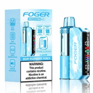 Sour Raspberry Punch Foger Switch Pro 30K disposable vape kit with smart-screen power bank and retail box — bold sour blue raspberry candy punch, no ice — JellyPuffs