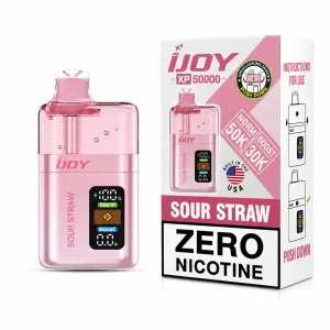 Sour Straw iJoy XP50000 Zero Nicotine Disposable Vape - 50,000 puffs, 20mL, 0mg nicotine, sour strawberry candy belt flavor, no ice or menthol - JellyPuffs