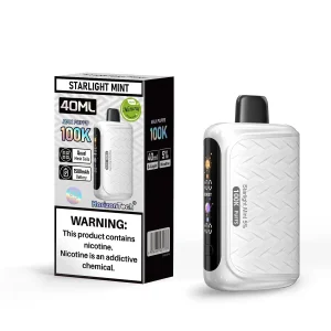 Starlight Mint HorizonTech 100K disposable vape, moderate cool mint, 100,000 puffs, 5% (50mg) salt nicotine — sweet peppermint candy with moderate menthol cooling, not arctic, 40mL prefilled tank, 1,500mAh USB-C rechargeable battery, 0.8Ω quad mesh coil and HD side display.