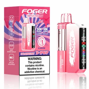 Strawberry B-Pop Foger Switch Pro 30K disposable vape kit with smart-screen power bank and retail box — ripe strawberry sweet candy burst, no ice — JellyPuffs