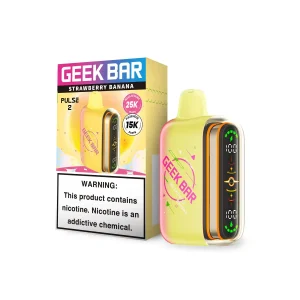 Strawberry Banana Geek Bar Pulse 2 25K disposable vape, no ice, 25,000 puffs, 5% nicotine