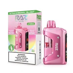 Strawberry Blast RAZ Vue 50K disposable vape kit, 900mAh power bank and 13mL pod, 5% nicotine, up to 50,000 puffs, no ice