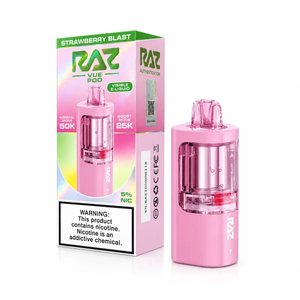 Strawberry Blast RAZ Vue 50K disposable pod — ripe strawberry fruit-chew sweetness, 50,000 puffs, Texas compliant, light ice
