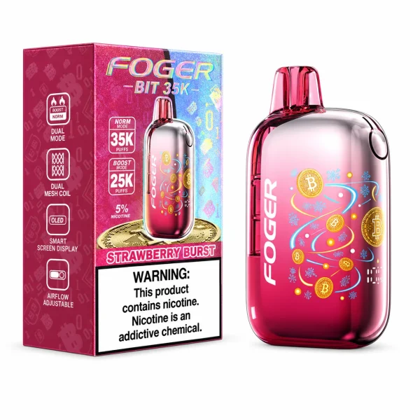 Strawberry Burst Foger Bit 35K disposable vape, 850mAh, 20mL, 5% nicotine, up to 35,000 puffs, no ice