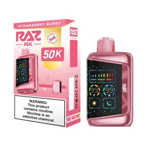 Strawberry Burst RAZ RX 50K disposable vape, up to 50,000 puffs, 19mL, 5% nicotine, Texas compliant, iced