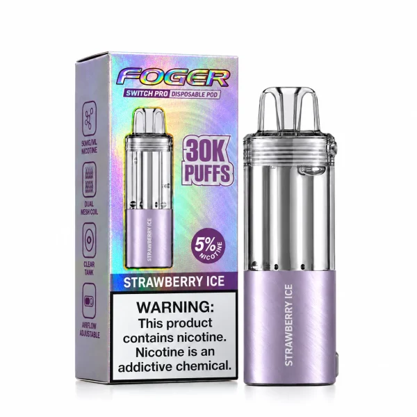 Strawberry Ice Foger Switch Pro 30K disposable pod and retail box — fresh strawberry, iced — JellyPuffs