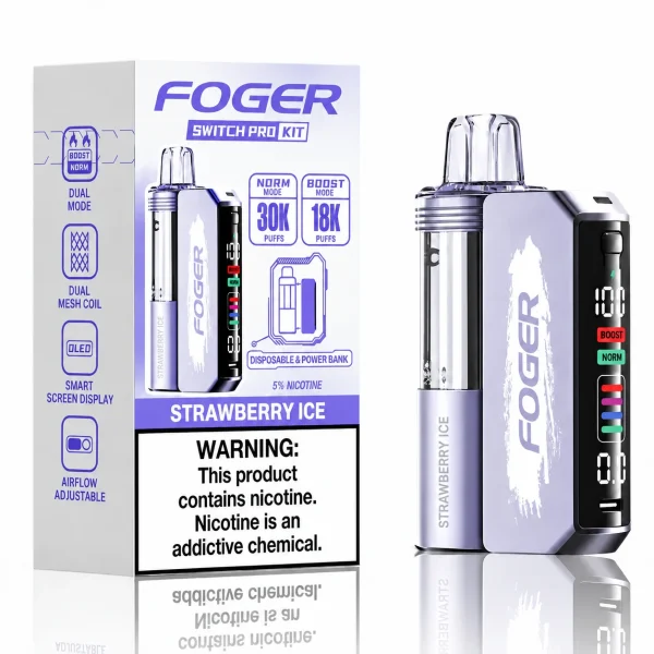Strawberry Ice Foger Switch Pro 30K disposable vape kit with smart-screen power bank and retail box — fresh strawberry, iced — JellyPuffs