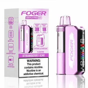 Strawberry Kiwi Foger Switch Pro 30K disposable vape kit with smart-screen power bank and retail box — sweet strawberry and tangy kiwi, no ice — JellyPuffs