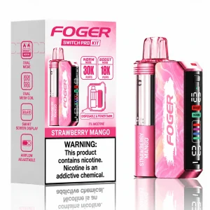 Strawberry Mango Foger Switch Pro 30K disposable vape kit with smart-screen power bank and retail box — juicy strawberry and ripe mango, no ice — JellyPuffs