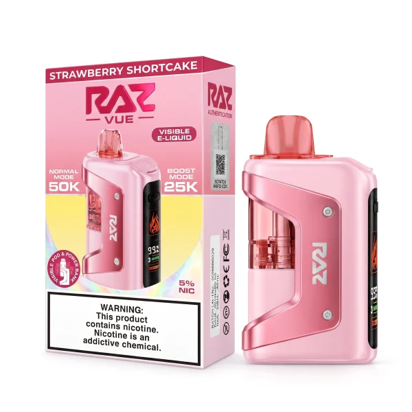 Strawberry Shortcake RAZ Vue 50K disposable vape kit, 900mAh power bank and 13mL pod, 5% nicotine, up to 50,000 puffs, no ice