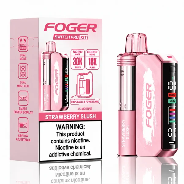Strawberry Slush Foger Switch Pro 30K disposable vape kit with smart-screen power bank and retail box — juicy strawberry slushie, iced — JellyPuffs