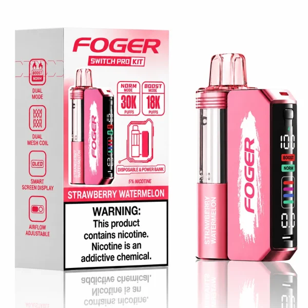 Strawberry Watermelon Foger Switch Pro 30K disposable vape kit with smart-screen power bank and retail box — fresh sweet strawberry and watermelon, no ice — JellyPuffs