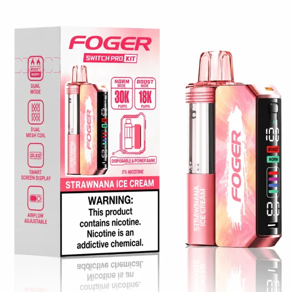 Strawnana Ice Cream Foger Switch Pro 30K disposable vape kit with smart-screen power bank and retail box — strawberry banana ice cream dessert, no ice — JellyPuffs