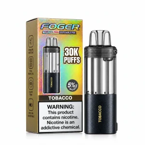 Tobacco Foger Switch Pro 30K disposable pod and retail box — smooth robust earthy tobacco, no ice — JellyPuffs