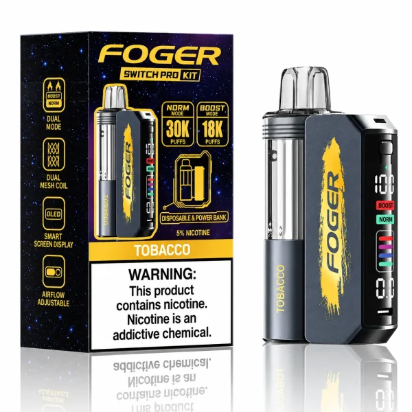 Tobacco Foger Switch Pro 30K disposable vape kit with smart-screen power bank and retail box — smooth robust earthy tobacco, no ice — JellyPuffs