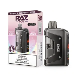 Triple Berry Lime RAZ Vue 50K disposable vape kit, 900mAh power bank and 13mL pod, 5% nicotine, up to 50,000 puffs, no ice