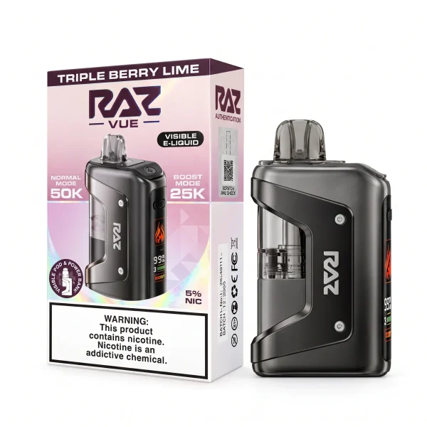 Triple Berry Lime RAZ Vue 50K disposable vape kit, 900mAh power bank and 13mL pod, 5% nicotine, up to 50,000 puffs, Texas compliant, no ice