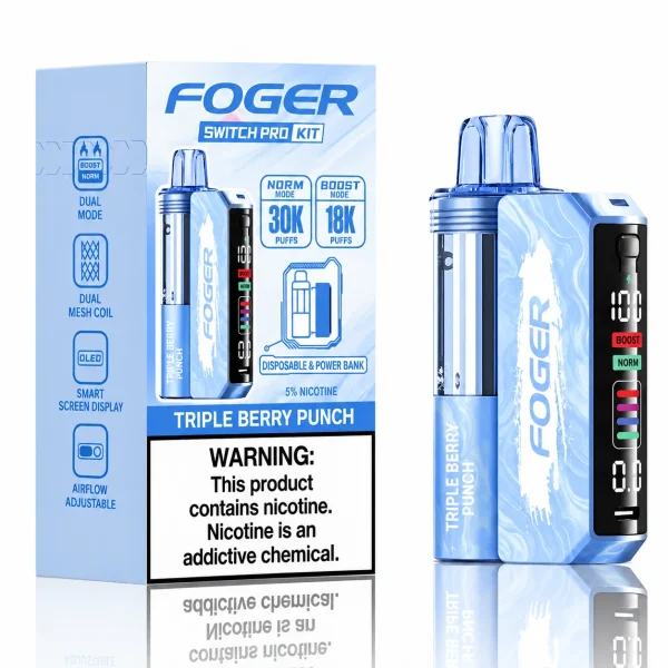 Triple Berry Punch Foger Switch Pro 30K disposable vape kit with smart-screen power bank and retail box — strawberry, blueberry and raspberry punch, no ice — JellyPuffs