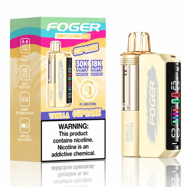 Vanilla Cupcake Foger Switch Pro 30K disposable vape kit with smart-screen power bank and retail box — vanilla buttercream frosting bakery, no ice — JellyPuffs