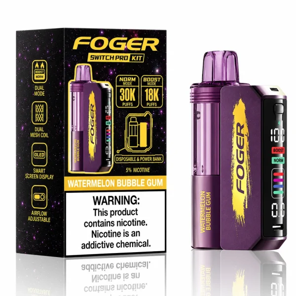 Watermelon Bubblegum Foger Switch Pro 30K disposable vape kit with smart-screen power bank and retail box — juicy watermelon and nostalgic bubble gum, no ice — JellyPuffs