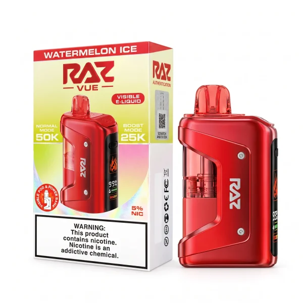 Watermelon Ice RAZ Vue 50K disposable vape kit, 900mAh power bank and 13mL pod, 5% nicotine, up to 50,000 puffs, iced