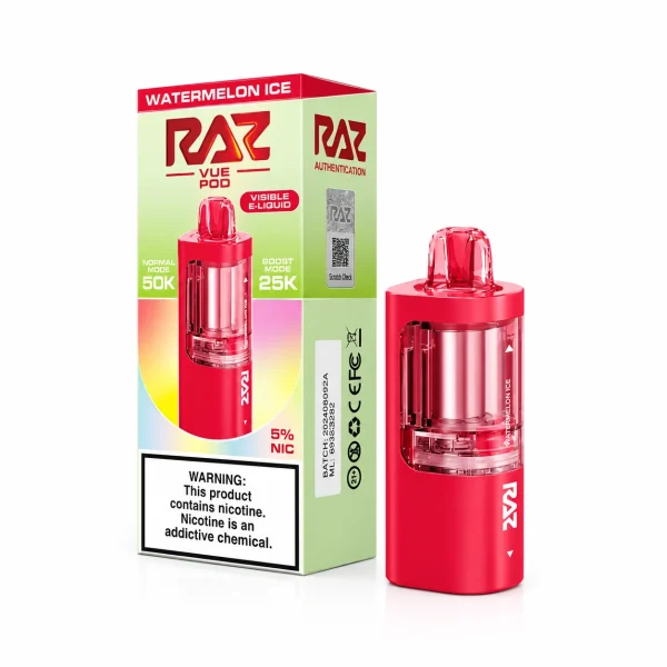 Watermelon Ice RAZ Vue 50K disposable pod — juicy watermelon with menthol, 50,000 puffs, Texas compliant, iced