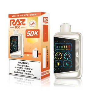 White Grape Gush RAZ RX 50K disposable vape, up to 50,000 puffs, 19mL, 5% nicotine, Texas compliant, iced