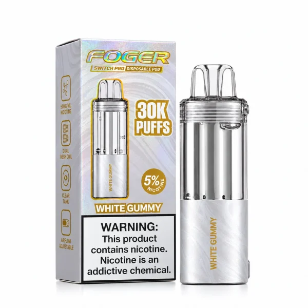 White Gummy Foger Switch Pro 30K disposable pod and retail box — white gummy bear, pineapple citrus candy, no ice — JellyPuffs