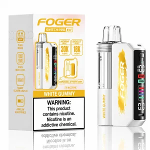 White Gummy Foger Switch Pro 30K disposable vape kit with smart-screen power bank and retail box — white gummy bear, pineapple citrus candy, no ice — JellyPuffs