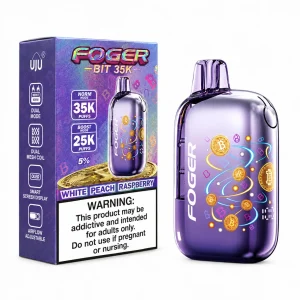 White Peach Raspberry Foger Bit 35K disposable vape, 850mAh, 20mL, 5% nicotine, up to 35,000 puffs, no ice