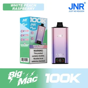 White Peach Raspberry JNR Big Mac 100K disposable vape, no ice, 100,000 puffs, 5% nicotine